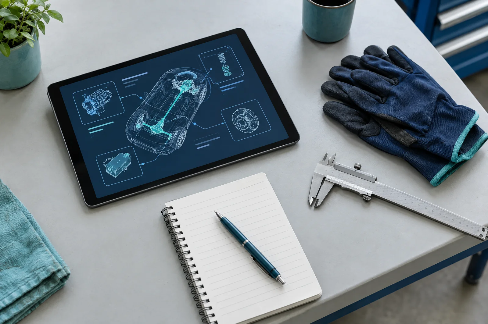 Illustrative close-up of automotive study materials and a digital device in a workshop.