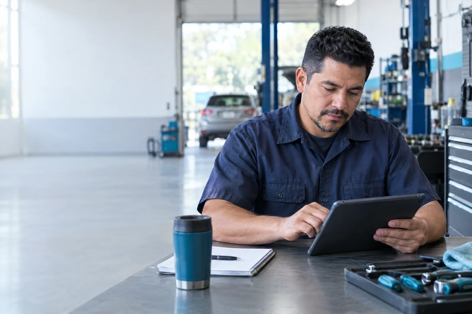 Illustrative automotive workshop scene with a technician using digital learning materials.